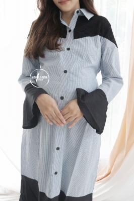 Aisyah Gamis Ibu Hamil Menyusui Muslim Wear Katun Salur - GMS 261 Biru